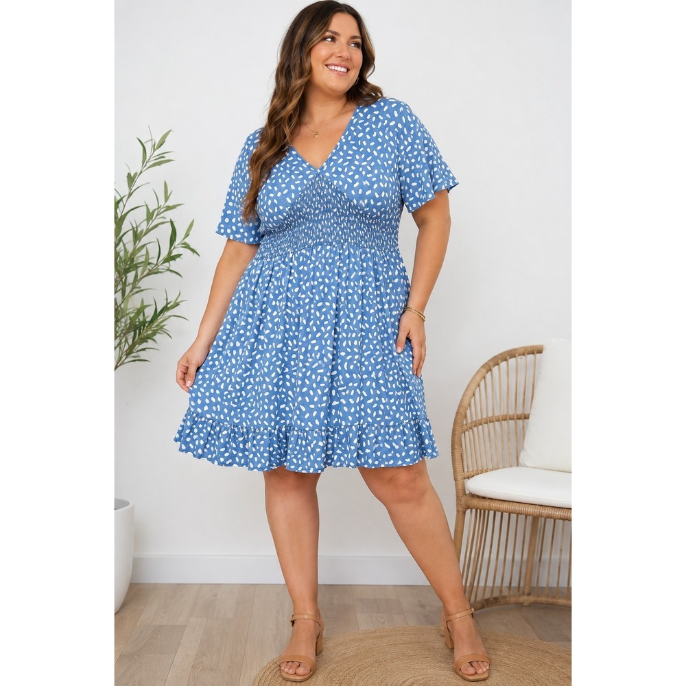Perfect Peach 3X Blue White Abstract Print Tiered Babydoll Dress Short Sleeve